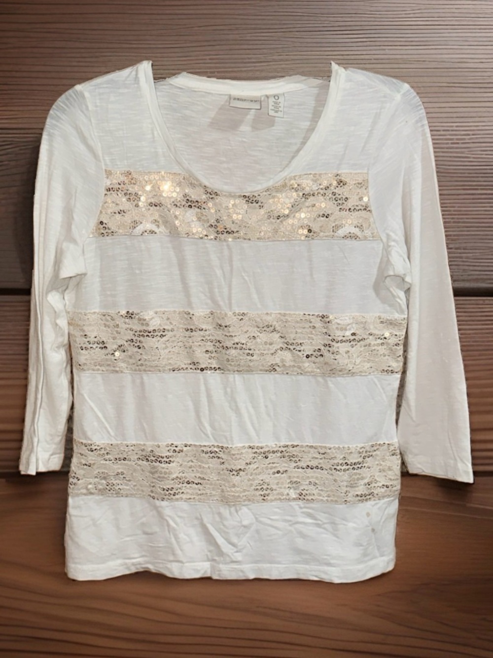 Zenergy Women's White Long Sleeve Scoop Neck Top w/Gold Sequin Stripes-0-EC